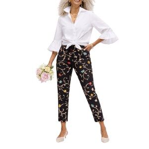 TALBOTS 100% Irish linen high rise pants - embroidered floral - tapered - sz 12